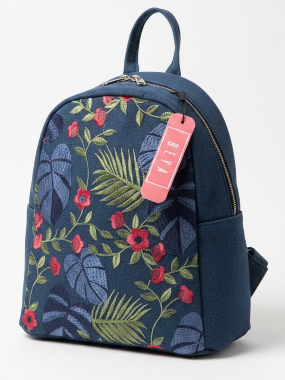 Blue Embroidered Mini Backpack Floral Leaves Adjustable Straps